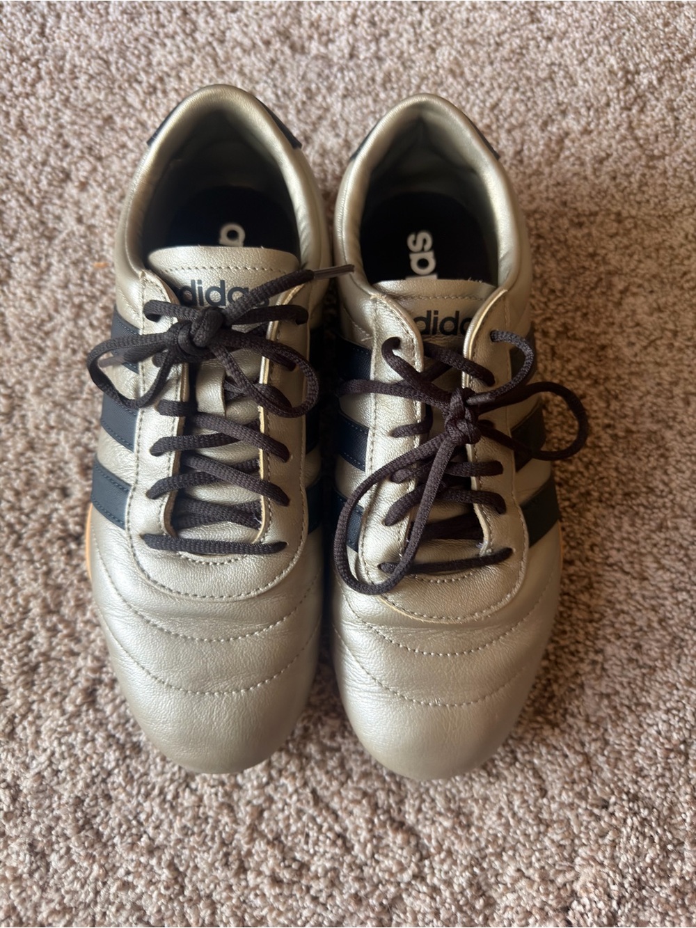 adidas women Gold Leather Sneakers with Black Stripes
